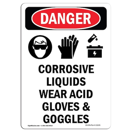 OSHA Danger Sign, Corrosive Liquids Wear, 14in X 10in Decal
